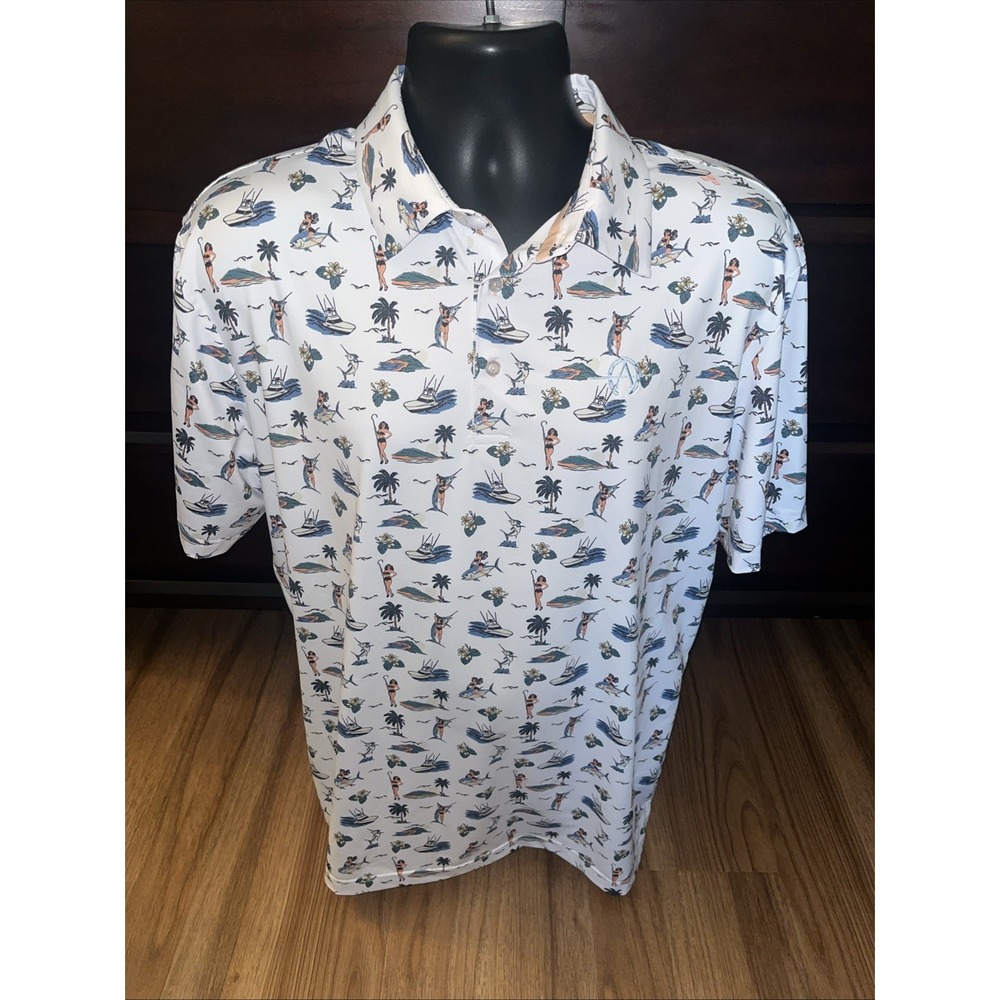 Scales Men's Large Golf Polo Shirt Girls Fishing Print Stretch Short Sleeve